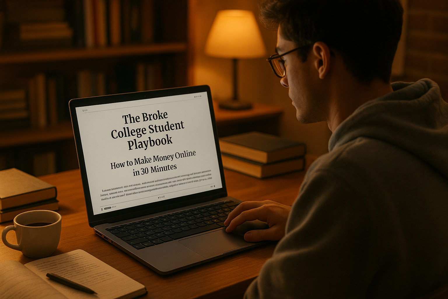 create a image of someone reading a ebook on their computer called The Broke College Student Playbook: How to Make Money Online in 30 Minutes